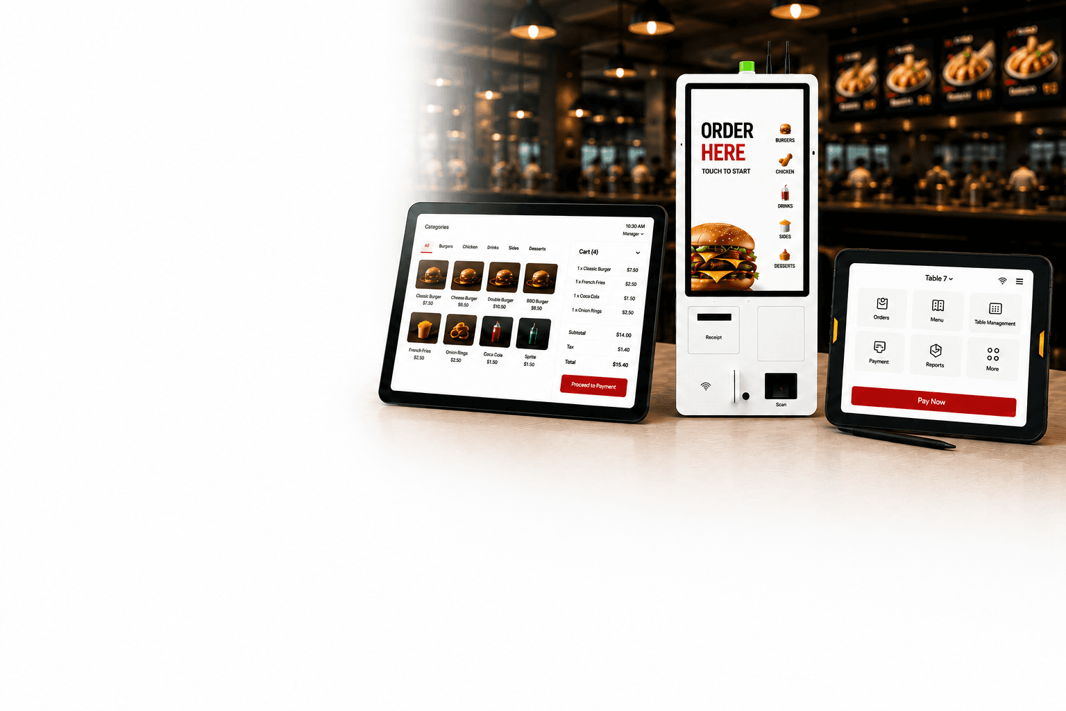 POSMena POS, self-service kiosk, and tablet POS in a restaurant