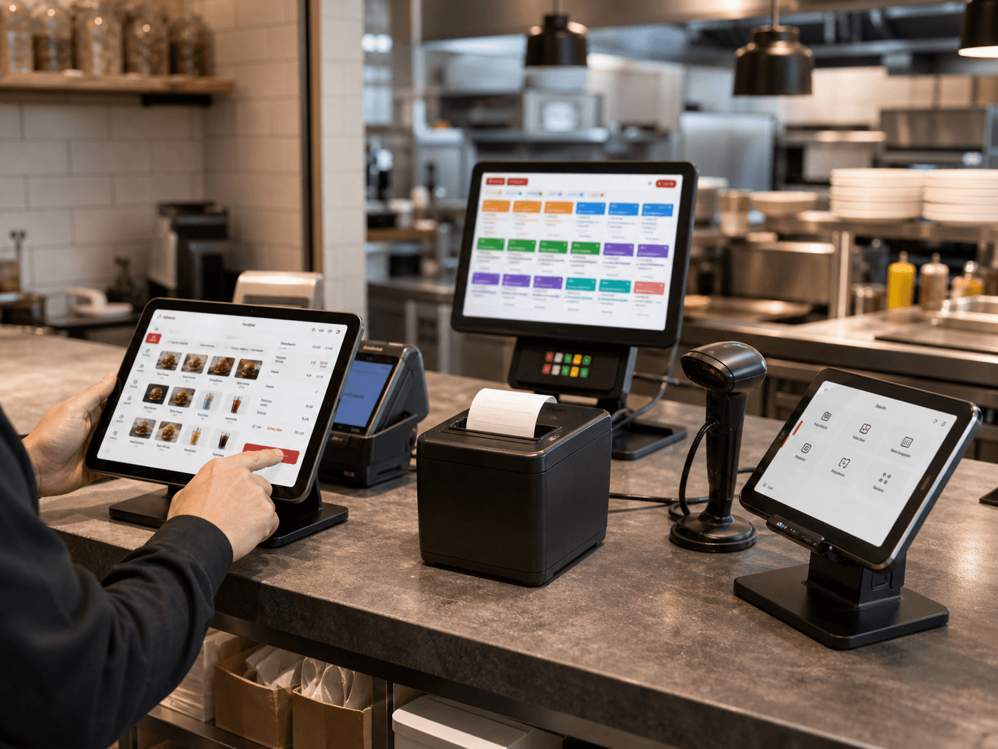 Hands configuring POSMena tablets and kitchen display hardware before restaurant service