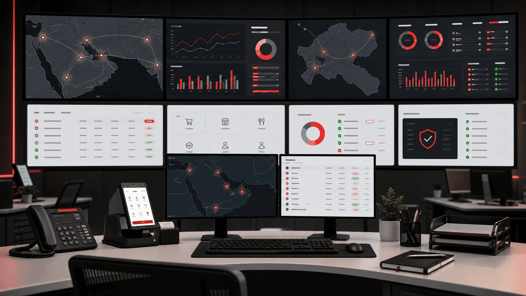 Regional operations desk with POSMena support dashboards and branch monitoring screens