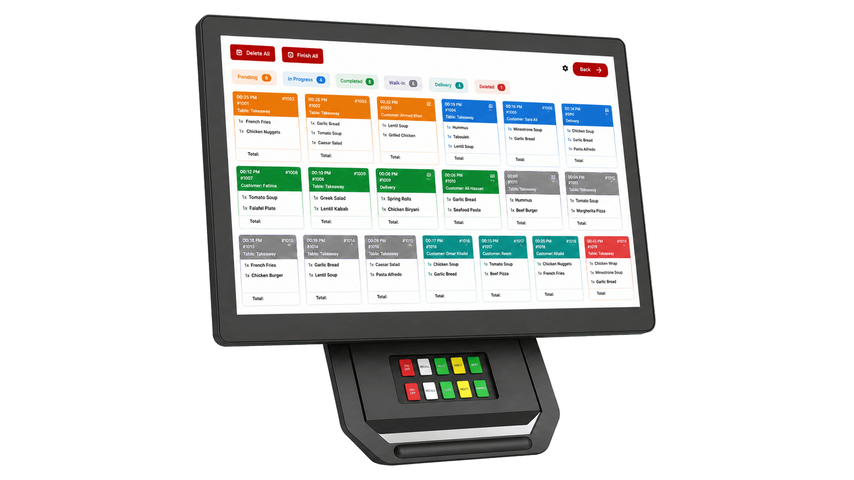 POSMena Kitchen Display System showing live color-coded order tickets organized by station on a touchscreen monitor