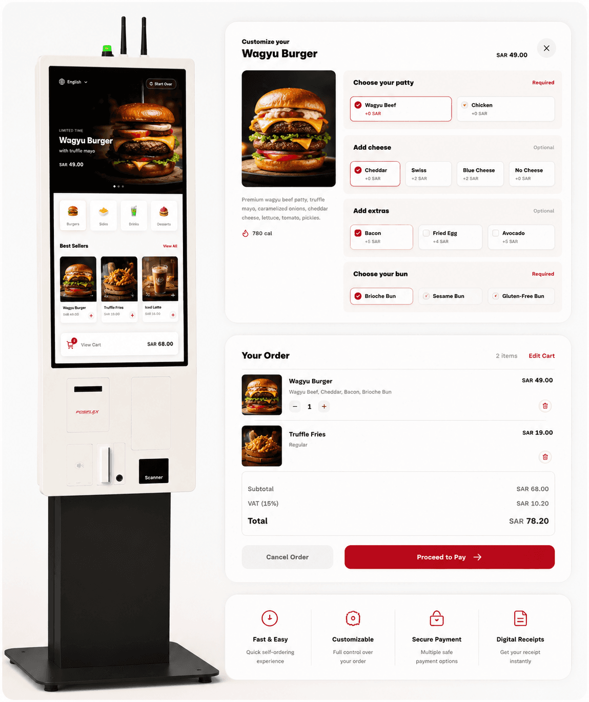 POSMena kiosk self-service ordering interface with burger customization and order summary