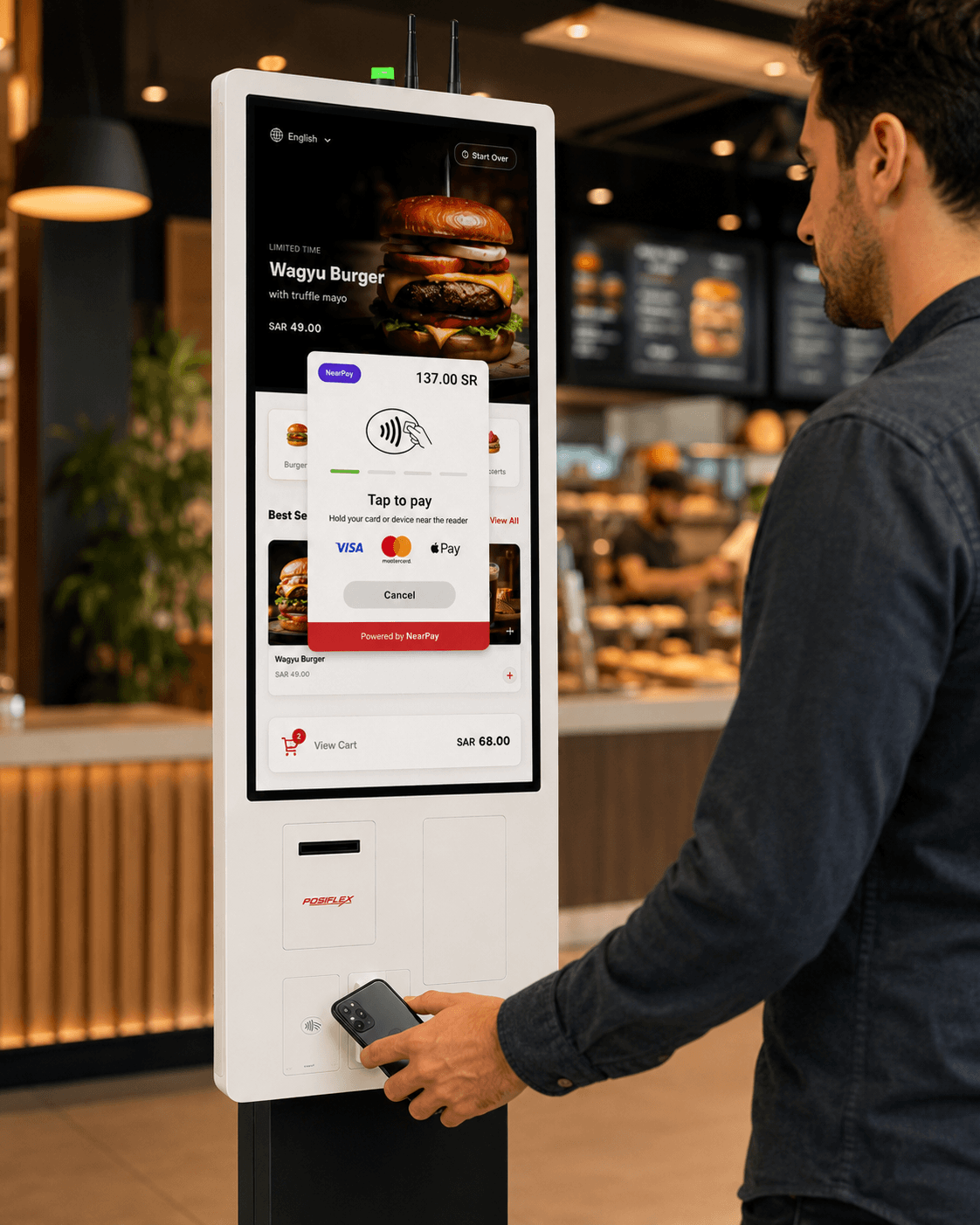 Customer tapping card at POSMena kiosk with NearPay 'Tap to pay' screen in restaurant
