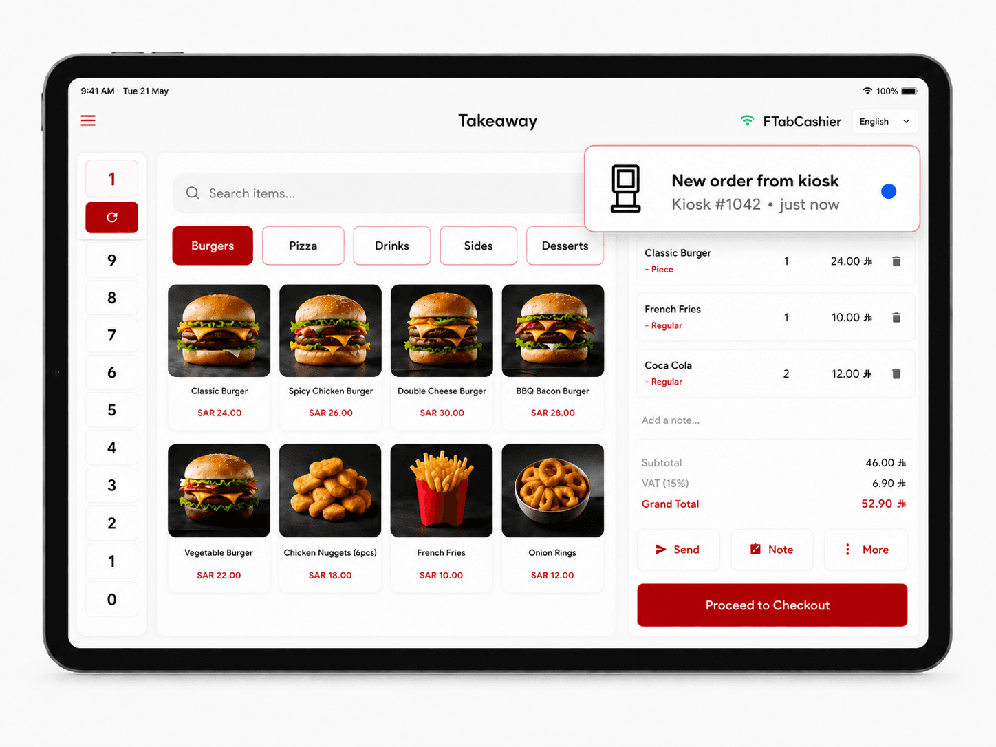 POSMena cashier iPad showing 'New order from kiosk' notification with order items