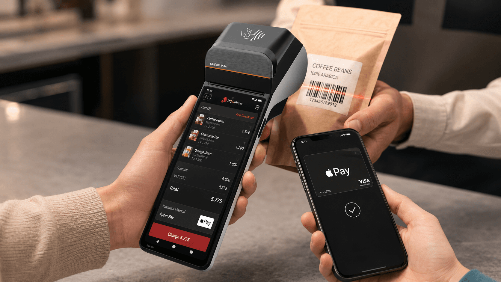 Customer paying with Apple Pay on iPhone tapping POSMena handheld POS at coffee shop counter