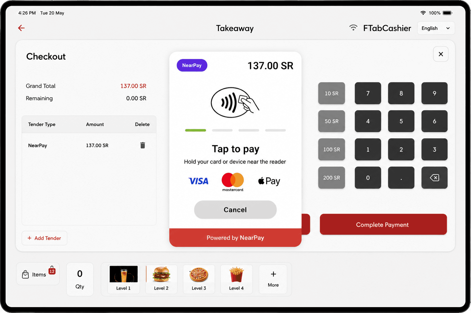 POSMena Windows POS payment screen showing NearPay contactless checkout with Visa and Mastercard